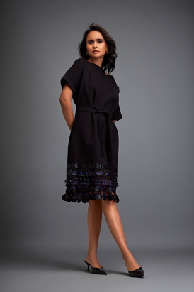 Structured Dress With Leather Appliqué Hem And Belt