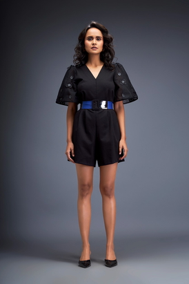 Playsuit With Voluminous Sleeves And Neon-Silver Belt