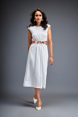 Gathered Waist Dress With Bold Contrast Belt