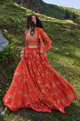 Red Floral Print 3 Layered Lehenga