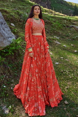 Red Floral Print 3 Layered Lehenga
