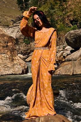 Yellow Jungle Print Pre Draped Saree