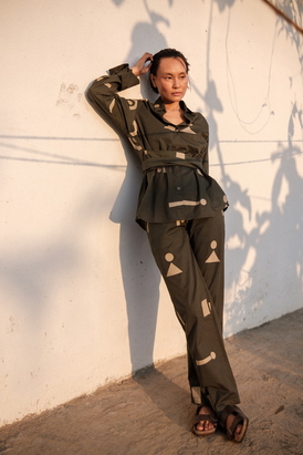 Green Triangle Printed Sandra Straight Pants