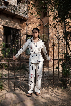 Ecru Line Printed Sandra Straight Pants