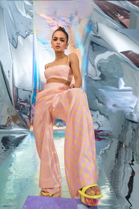 Pink Bralette And Flared Pant Set In Pac Street Girl