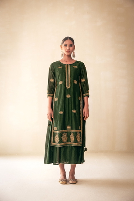 Green Chanderi Lucknowi Style Kurta With Sharara Attached 
