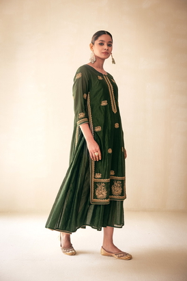 Green Chanderi Lucknowi Style Kurta With Sharara Attached 