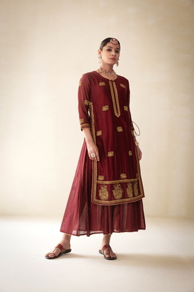 Maroon Chanderi Lucknowi Style Kurta With Sharara Attached 
