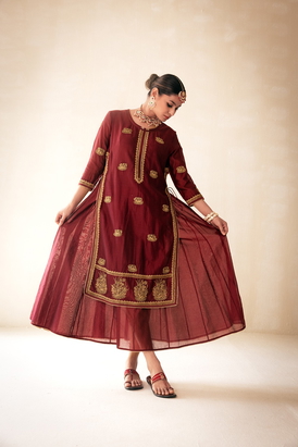 Maroon Chanderi Lucknowi Style Kurta With Sharara Attached 