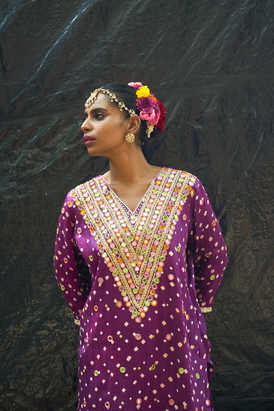 Purple V Neck Embroidered Kurta Set