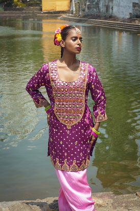Purple Yoke Embroidered Kurta Set
