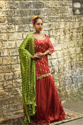 Rust Line Embroidered Sharara Set