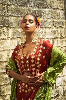 Rust Yoke Embroidered Sharara Set