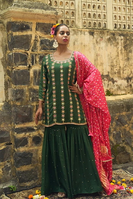 Green Line Embroidered Sharara Set