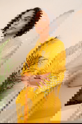 Yellow Floral Printed Tunic And Pant With Dupatta