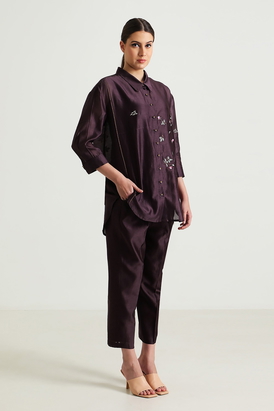 Lavender Pin Tuck Shirt and Pants in Silk Chanderi