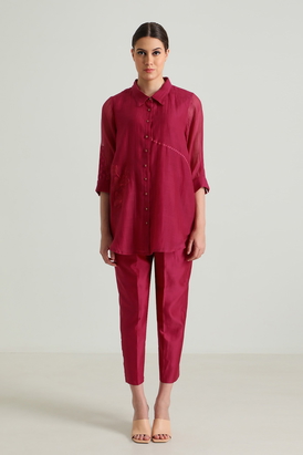 Carnation Embroided Shirt in Cotton Chanderi and Straight Pant in Silk Chanderi