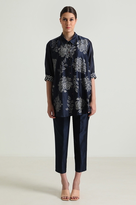 Indigo Wild Weed Shirt in Silk Chanderi and Pant in Silk Chanderi