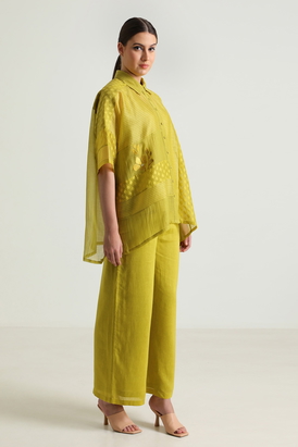 Chartruese Lace Shirt with Linen Wide leg Pants