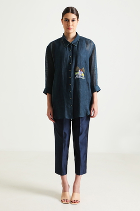 Indigo Country Shirt in Gauze Linen and Pant in Silk Chanderi