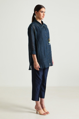 Indigo Country Shirt in Gauze Linen and Pant in Silk Chanderi