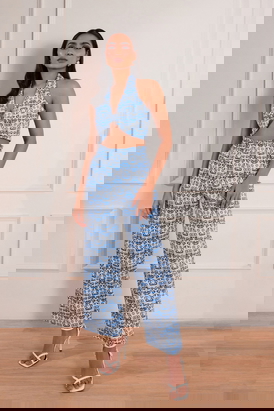 Denim Abstract Print Paper Bag Pant