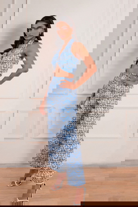 Denim Abstract Print Paper Bag Pant
