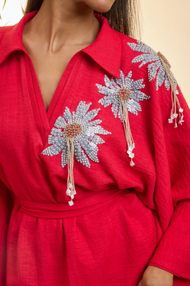 Carmine Red Kaftan Short Dress With A Sash Tie Up
