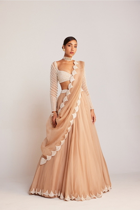 Beige Pearl Chandelier Drop Organza Lehenga Set