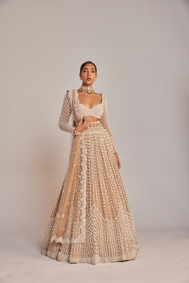 Beige Chandelier Pearl Lehenga Set