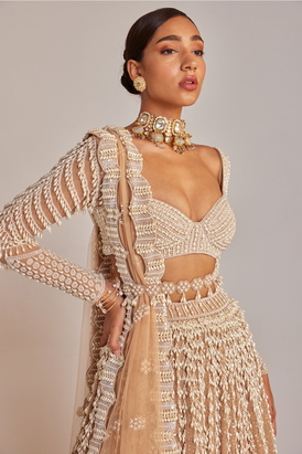 Beige Chandelier Pearl Lehenga Set