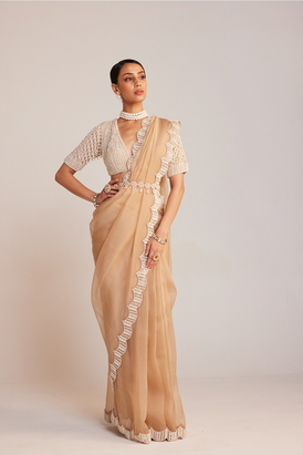 Beige V Neck Saree Set