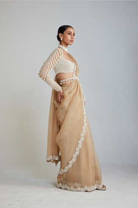 Beige Chandelier Drop Saree Set