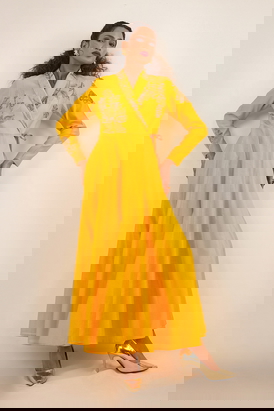 Yellow Double Breasted Kalidar Angrakha Set