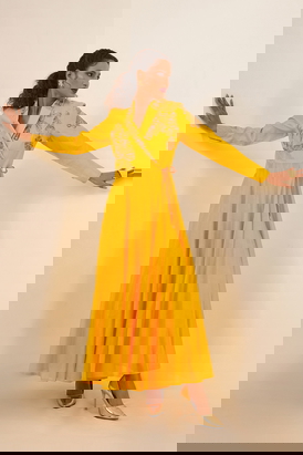 Yellow Double Breasted Kalidar Angrakha Set